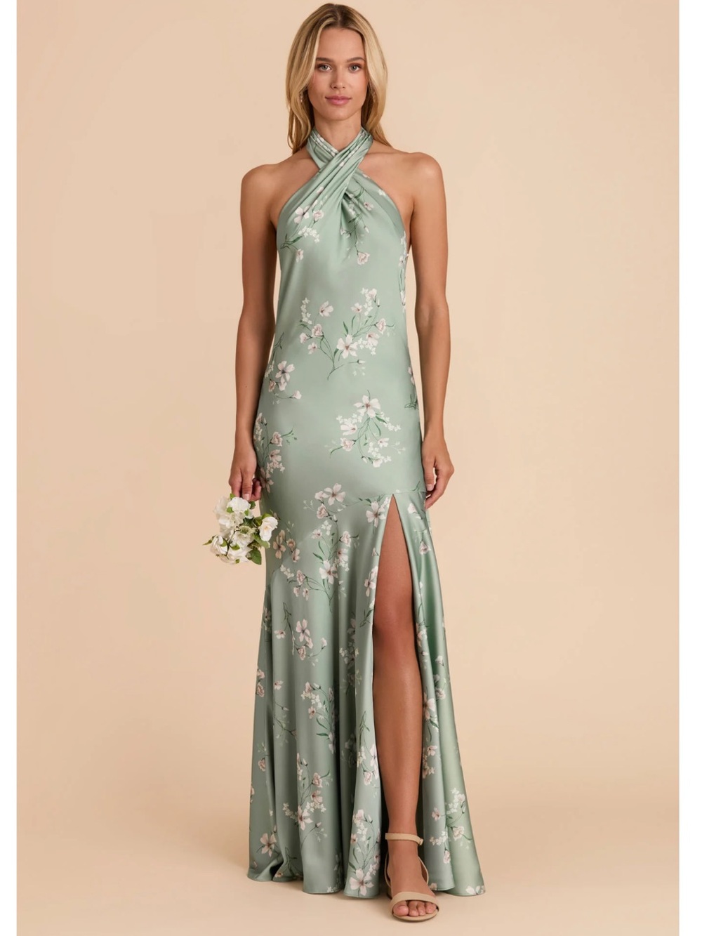 Birdy Grey Sage Green Floral Satin Halter Gown